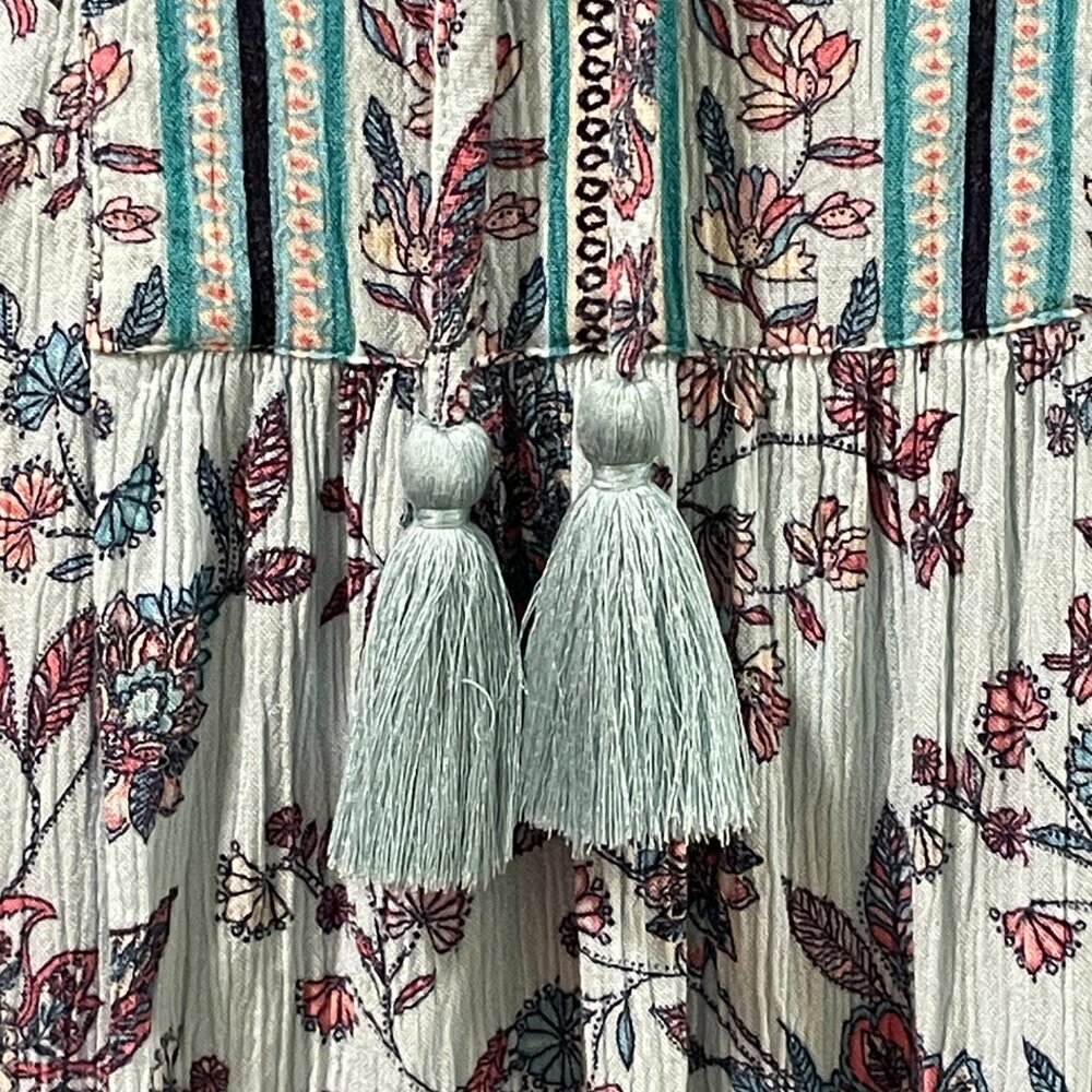 J. JILL Boho Floral Peasant Blouse 3/4 Sleeve Tassel Tie V-Neck Aqua/Pink XL - Picture 6 of 11